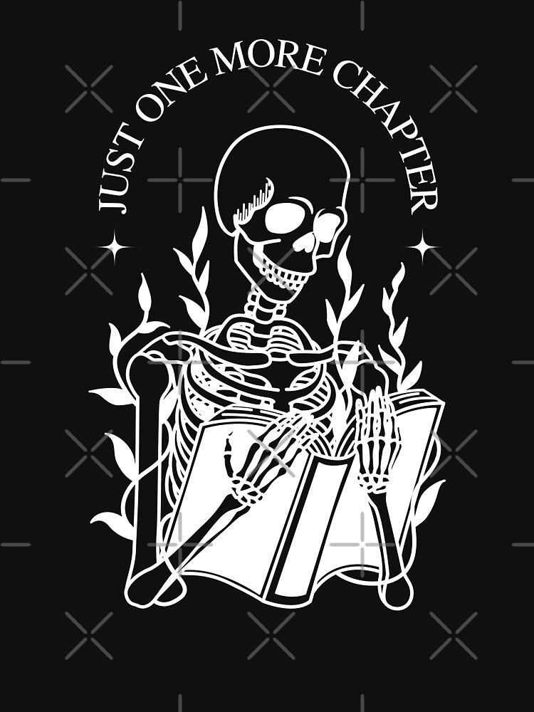 just one more chapter | skeleton reading - black background by catdiasart