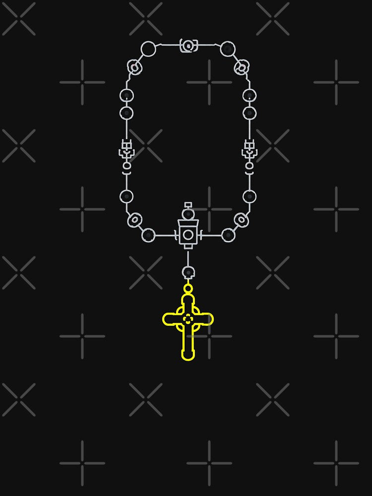 Futuristic Rosary Necklace – Neon Tech Cross with Digital Symbols by Alphakenon