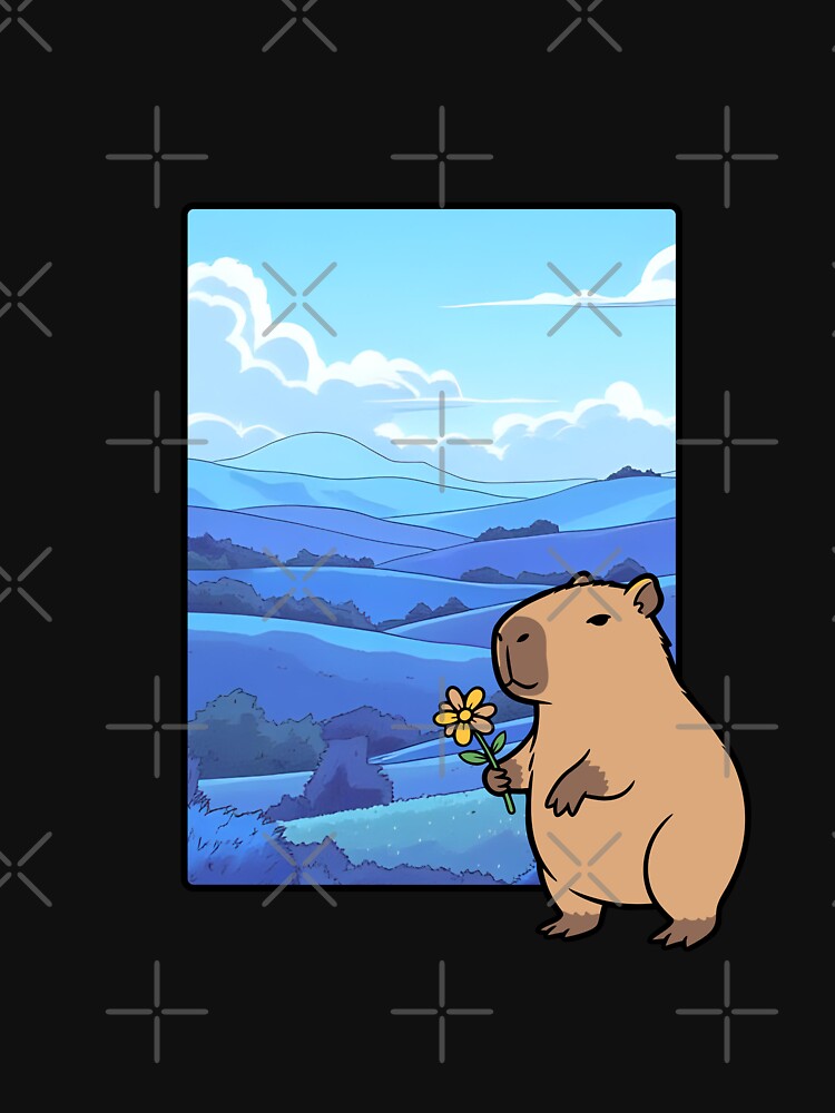 Cute Capybara with Flower – Wholesome Animal Art in Blue Mountain Landscape by 9morethan9®