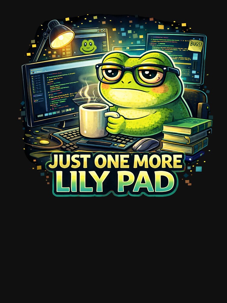 Just One More Lily Pad Frog Sticker – Funny Programmer Frog Meme – Coding Frog Humor by VibeOffline Studio