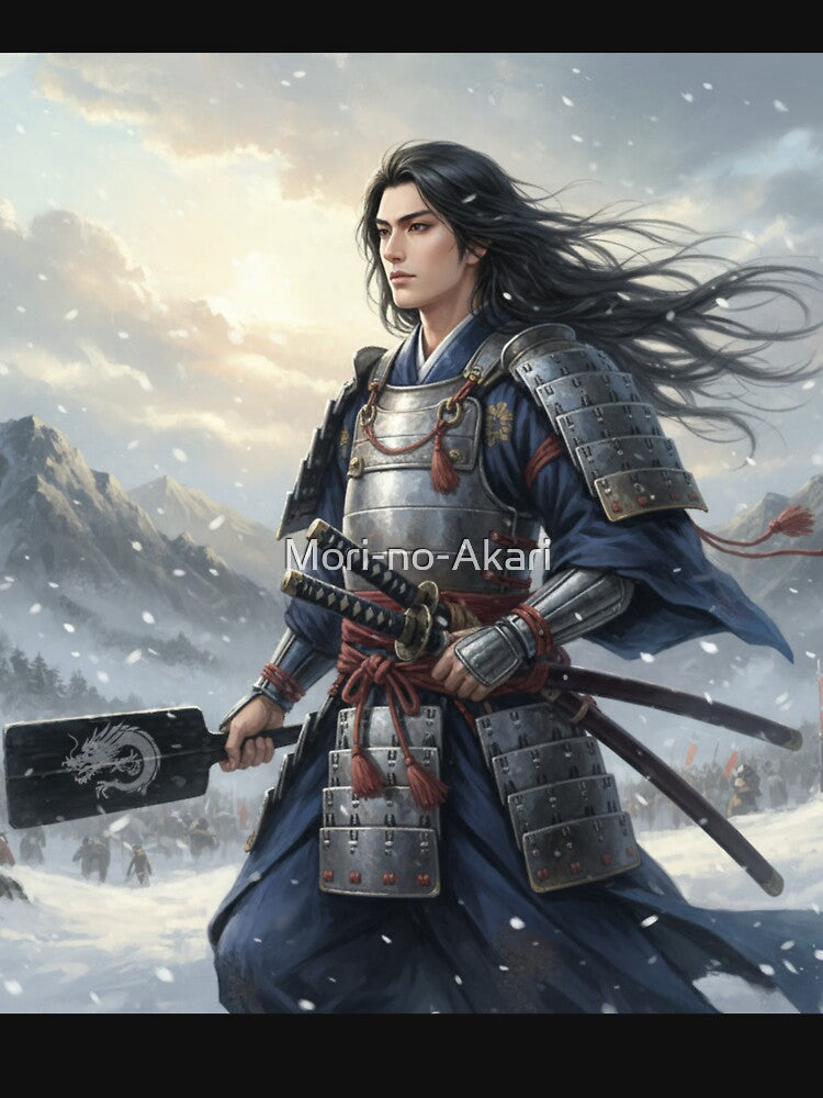 Kenshin of the Snowbound Dawn — Warrior of the Dragon Standard | Japanese Warlord Art / 上杉謙信 ― 雪明かりに立つ龍旗の武将 by Mori-no-Akari