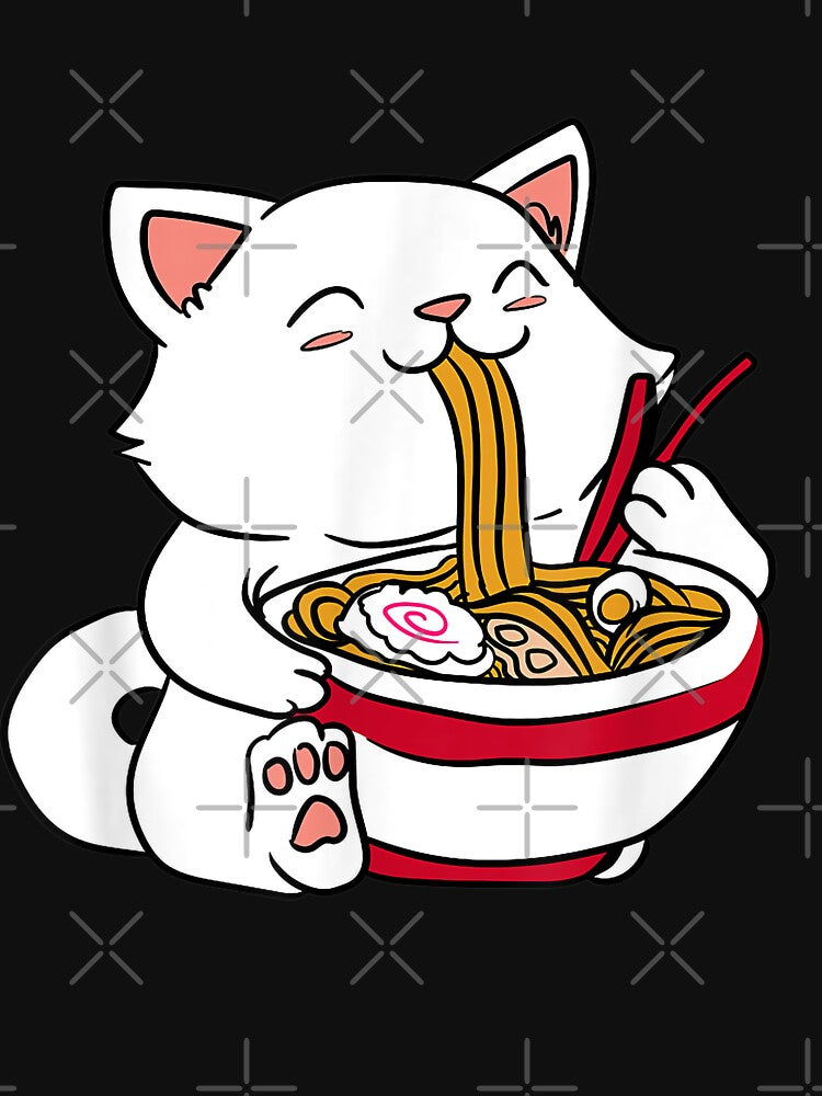 Kawaii Cat Eating Ramen Noodles Japanese Food Anime T-Shirt by Larcossee ⭐⭐⭐⭐⭐