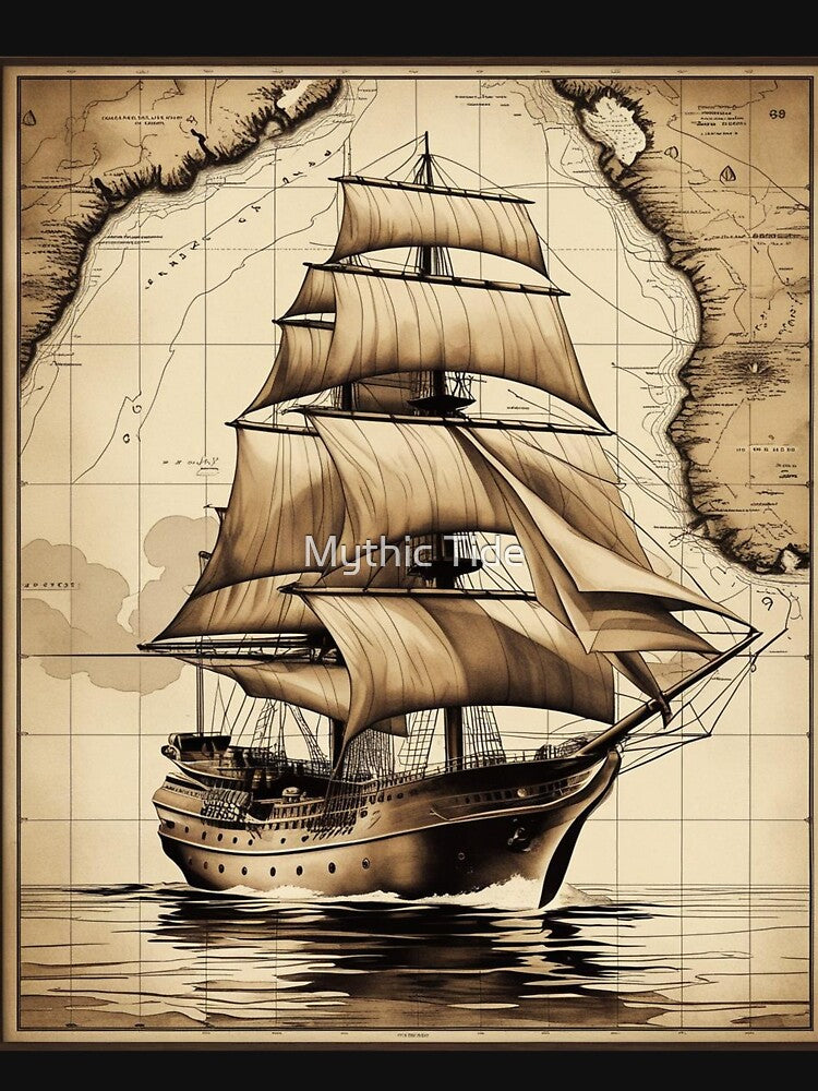 Vintage Nautical Map Sailboat T-Shirt – Retro Maritime Design by Mythic Tide