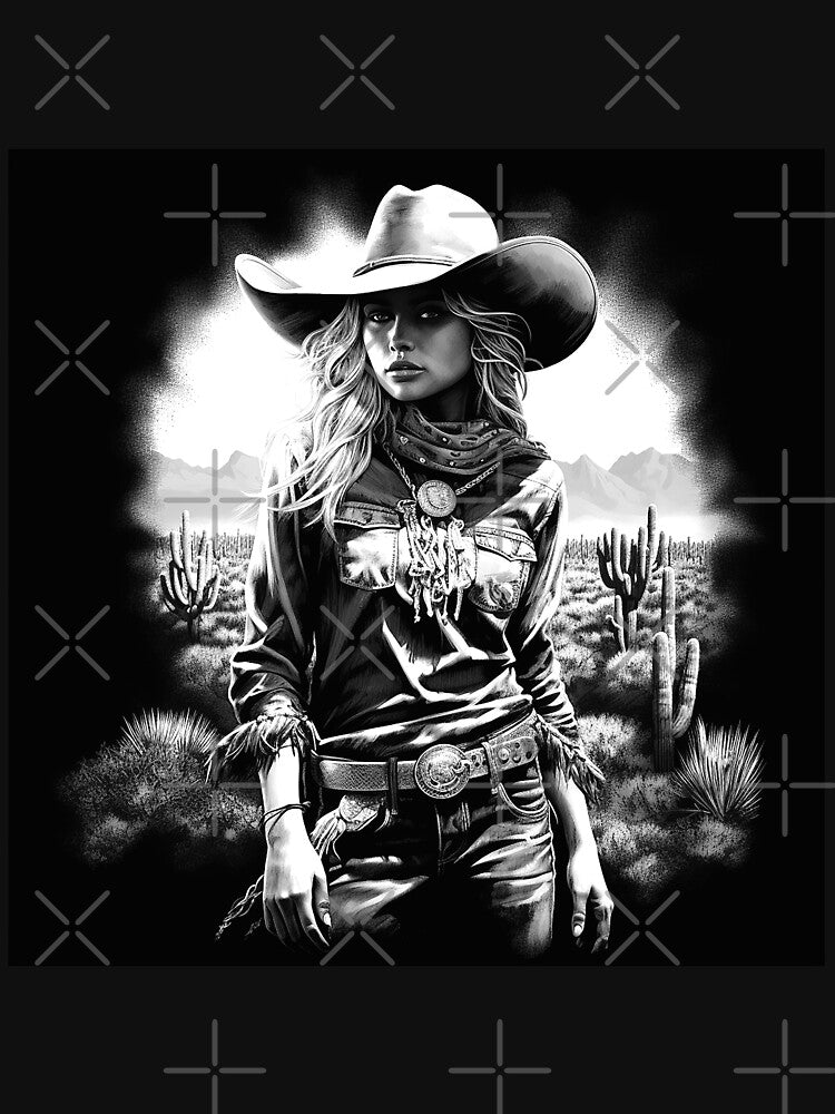 Western Cowgirl in Desert Cactus Landscape | Black and White Southwest Art by inkoutninja