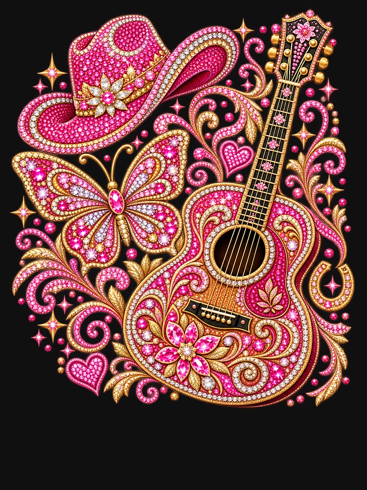 Pink Rhinestone Cowgirl Guitar Butterfly Western Glam Design by WILLIAMS-BR
