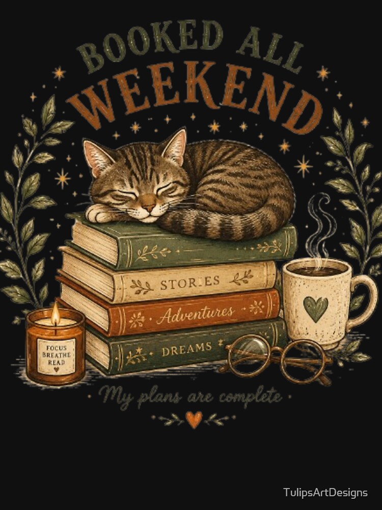 Booked All Weekend Cat, Cozy Reading Cat, Book Lover Gift, Sleeping Tabby Cat, Bookish Sticker, Reader Aesthetic T Shirt by TulipsArtDesigns