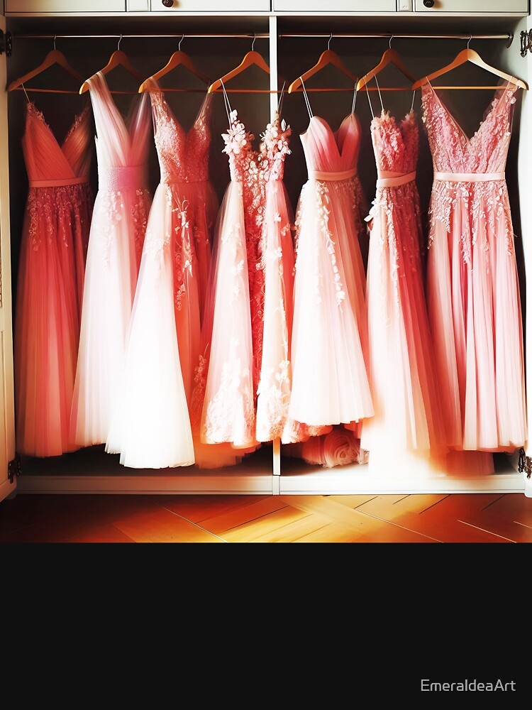 pink bridesmaid dresses on hangers in a wardrobe wedding salon wallart by EmeraldeaArt