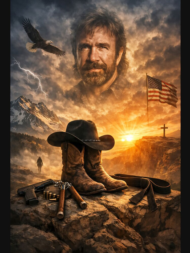 Western Cowboy Tribute Art – Rugged American Patriot Design, Cowboy Boots & Flag Sunset Artwork by GarnerSupplyCo