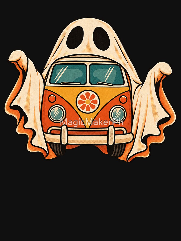 Retro 1970s Groovy Ghost Camper Van Art – Vintage Halloween Print by MagicMakerPh