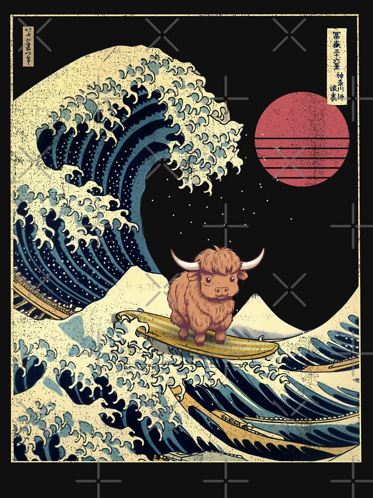 Highland Cow Kanagawa Japanese Surfing Wave by rafaeltto