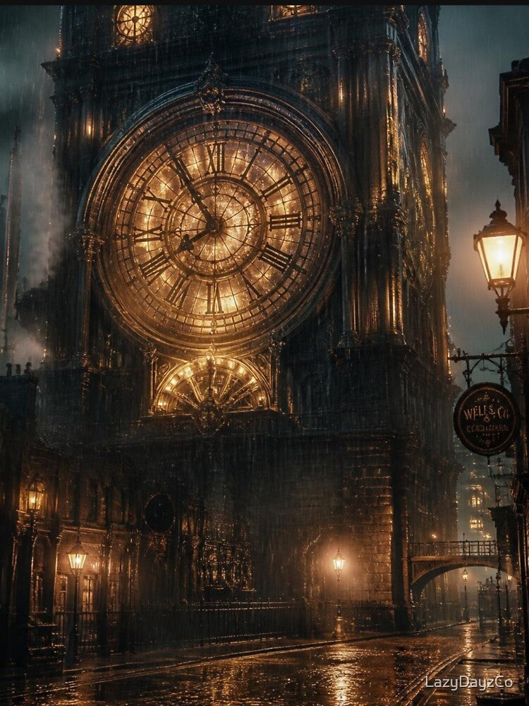 Gothic Clock Tower Amber Midnight Rain by LazyDayzCo