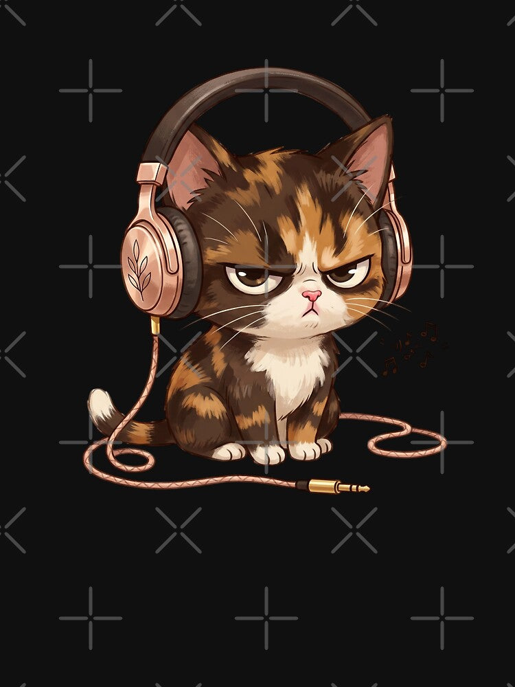 Grumpy Calico Cat Wearing Metallic Headphones by CrystalMineArts