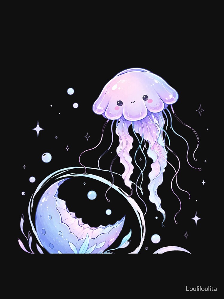 Cute Kawaii Jellyfish Moon | Pastel Ocean Aesthetic | Dreamy Marine Life Sticker & T-Shirt Design by Louliloulita