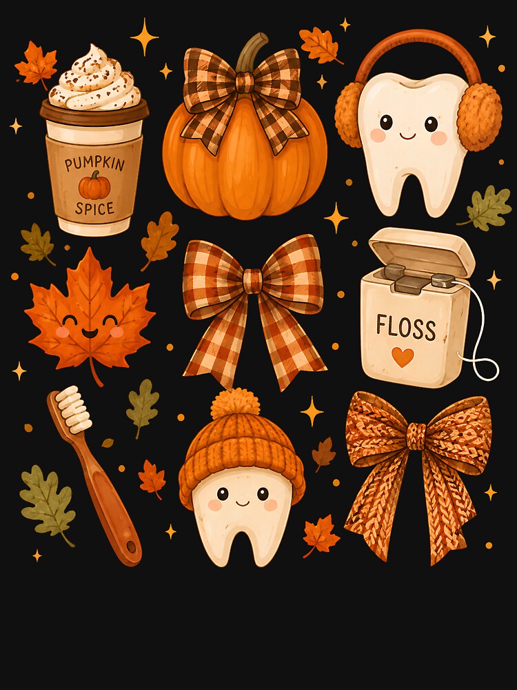 Cute Fall Dental PNG, Autumn Tooth Clipart, Pumpkin Spice Dental Design, Gingham Bow PNG by Artbyrome