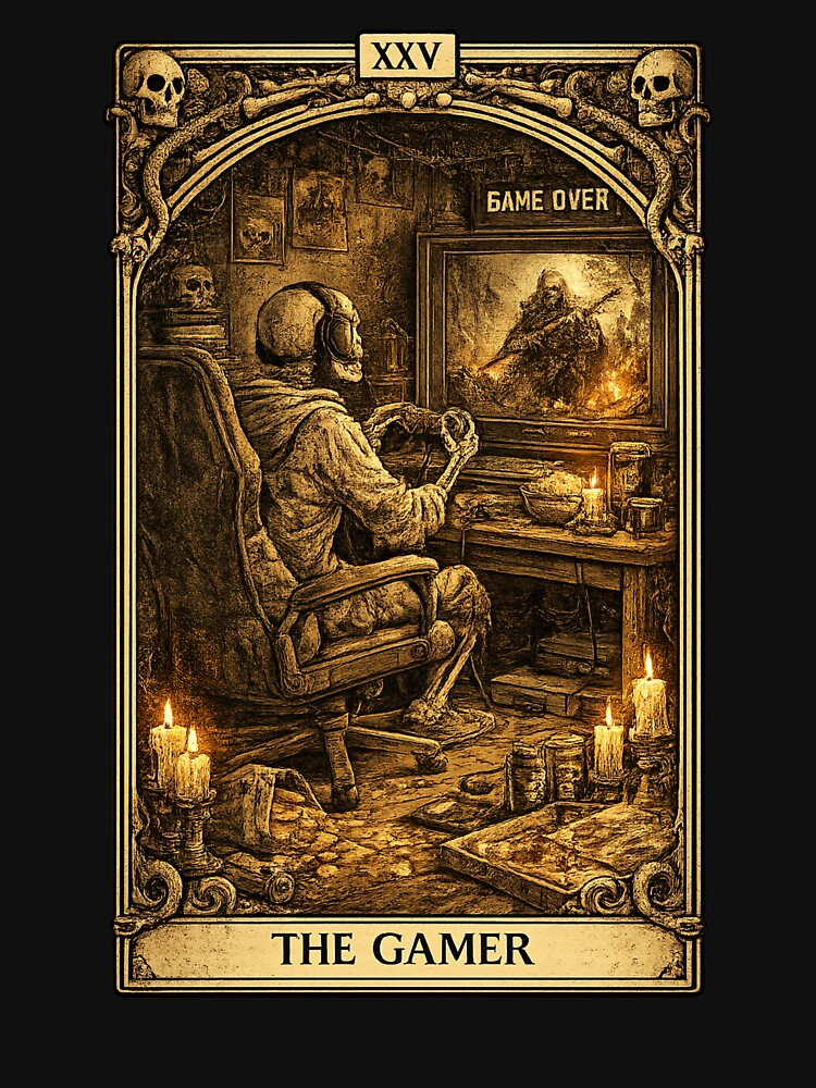 The Gamer – Gothic Skeleton Gaming Vintage Tarot Card by zenithviv