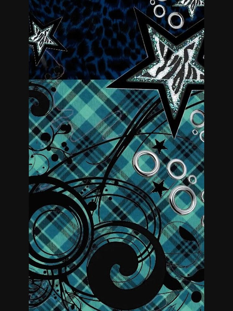 Teal McBling Stars & Plaid Collage | Cyber Frutiger & Scene Kid Aesthetic by BrontesWhimsyStore