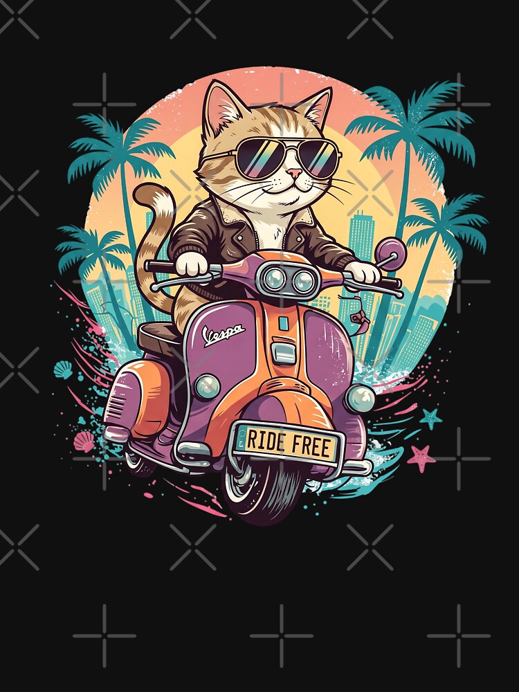 Cool Cat Riding Retro Scooter Beach Sunset by CrystalMineArts
