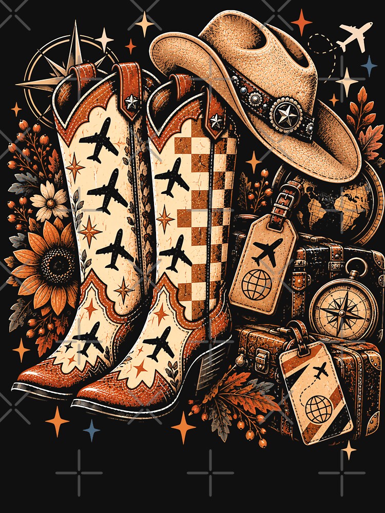Vintage Western Travel Boots Cowboy Hat Adventure Aesthetic by ArcaneArtistry