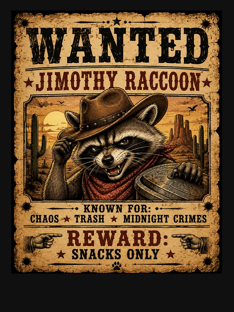 Wanted Jimothy Raccoon Funny Cowboy T-Shirt – Vintage Western Trash Panda Meme Design by Artimax-Studio