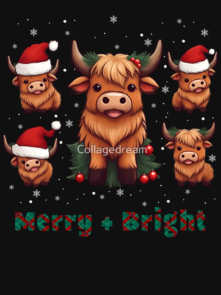 Cute Highland Cow Christmas Merry and Bright, Scottish, Cow Xmas Farmer, Christmas sweater with cute Highland Cow by Collagedream