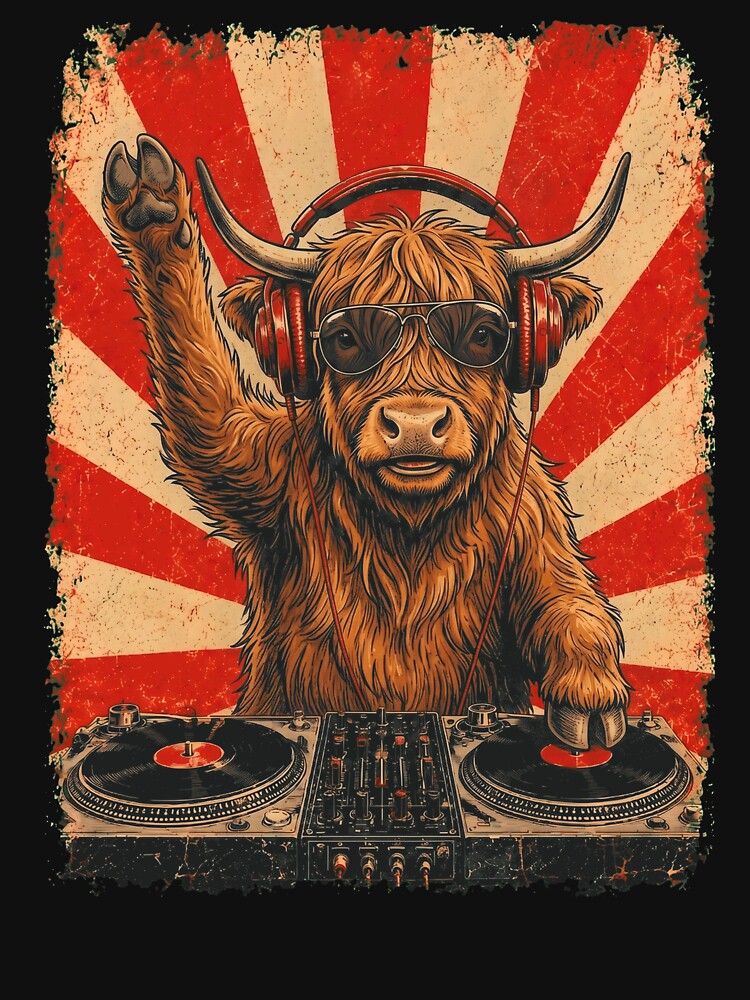 Vintage DJ Highland Cow With Headphones Art Animal Lover by DoodleTortle