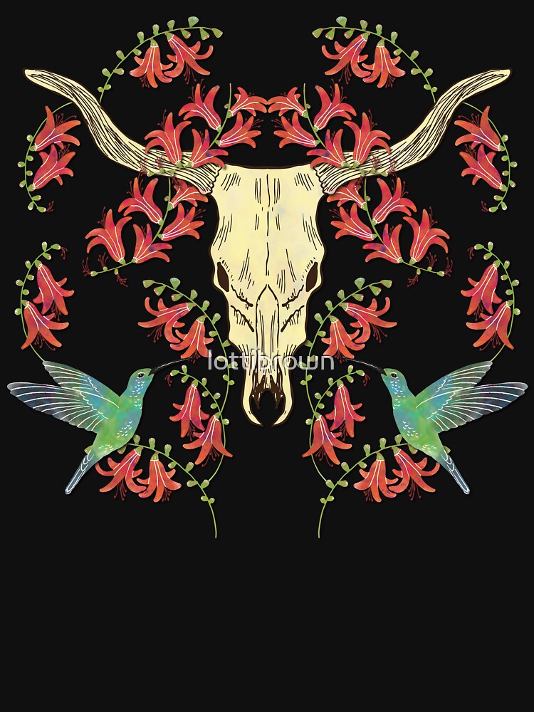 Cow Skull with Hummingbirds and Flowers by lottibrown