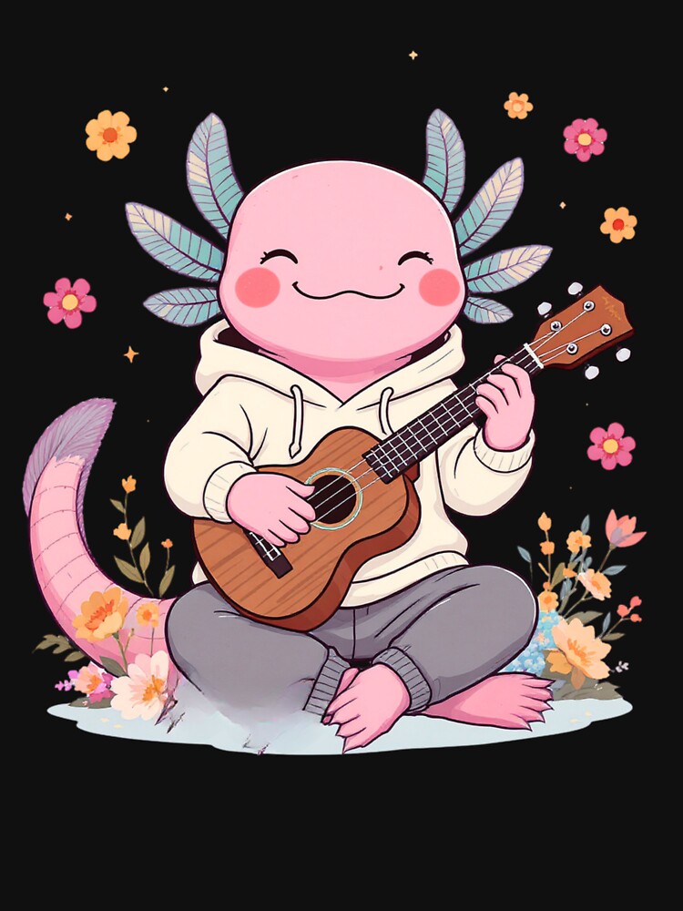 Music Lover Axolotl Playing Ukulele with Flowers – Joyful Creative Illustration by ColorSplash123