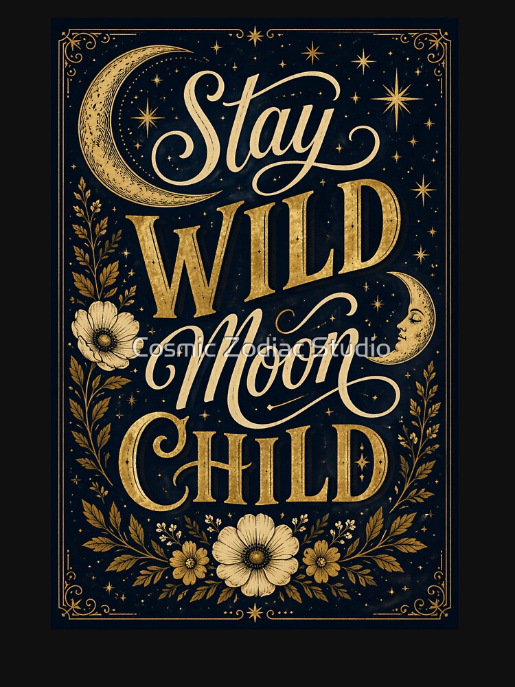 Stay Wild Moon Child Poster – Celestial Boho Wall Art, Vintage Moon & Stars Typography Print, Dark Academia Aesthetic Decor by Cosmic Zodiac Studio