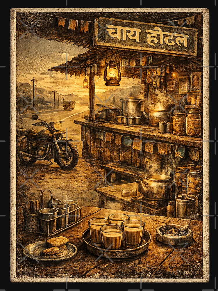 Indian Highway Chai Hotel Vintage Travel Poster T-Shirt | Motorcycle Tea Stall Road Trip Design by Globalcitytees