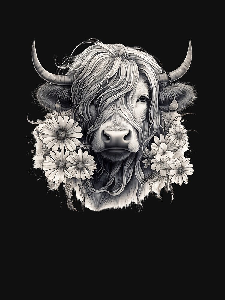 Highland Cow With Daisies Flower by LucyArtDesign