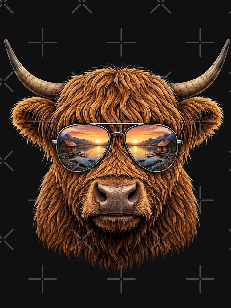 Cool Highland Cow With Sunglasses Retro Animal Graphic by bilal sibgui