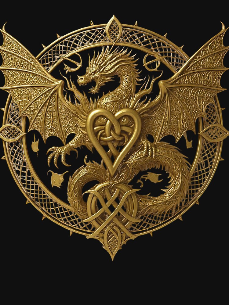 Golden Dragon Celtic Knot Heart Print, Gothic Fantasy wall Art, Viking home Decor by TheGaliyaStudio