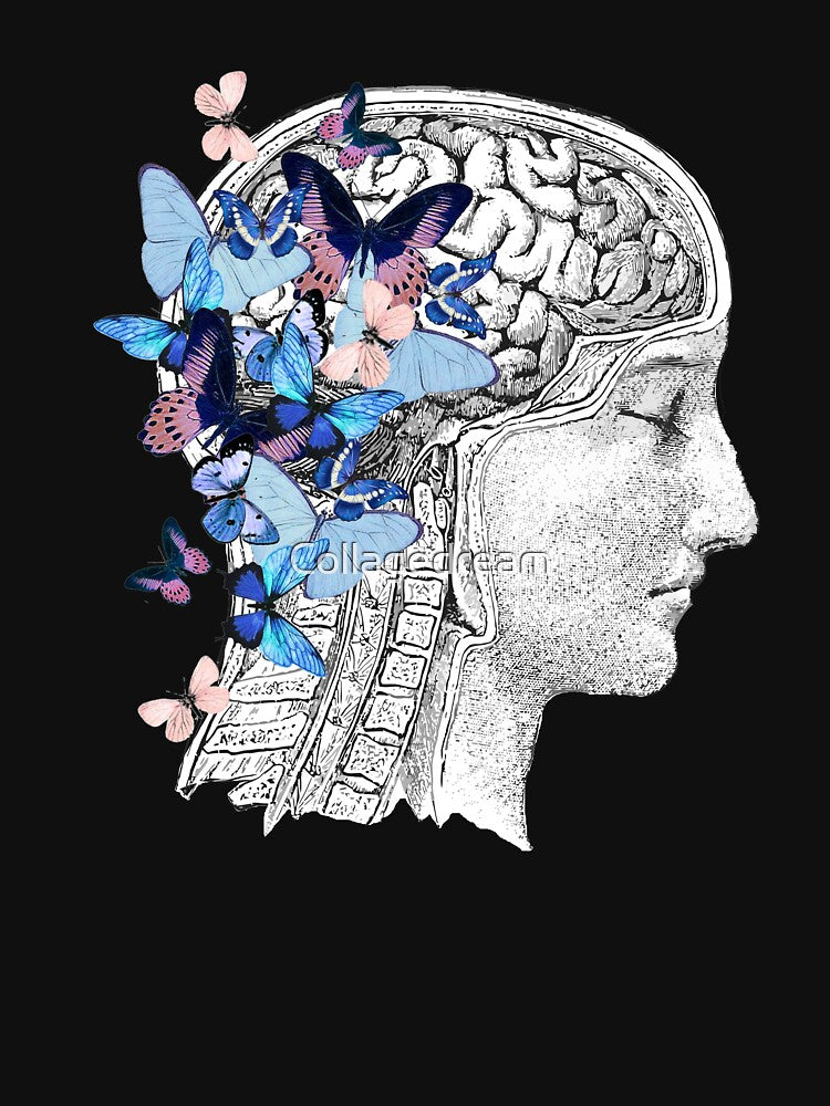 Brain blue butterflies floral mental health, brain psychology, mental health matters by Collagedream