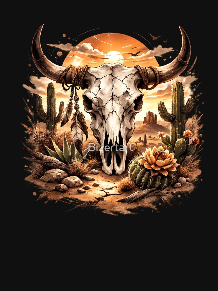 Western Bull Skull Illustration – Desert Cactus Vintage Art by Bizertart