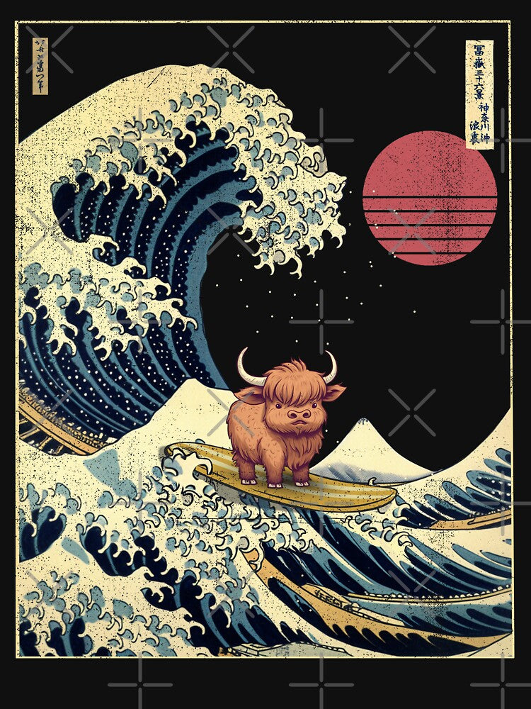 Scottish Highland Cow Kanagawa Japanese Surfing Wave by rafaeltto