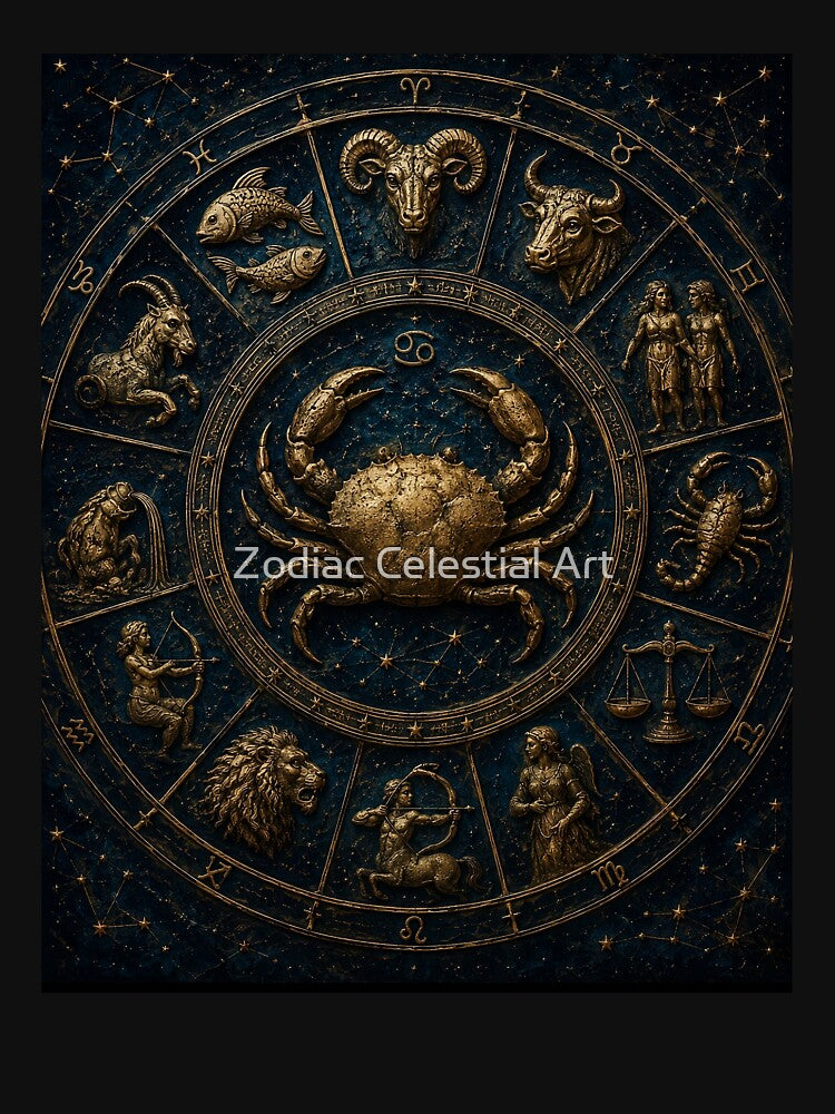 Golden Zodiac Wheel All Signs Celestial Dark Art by Zodiac Celestial Art