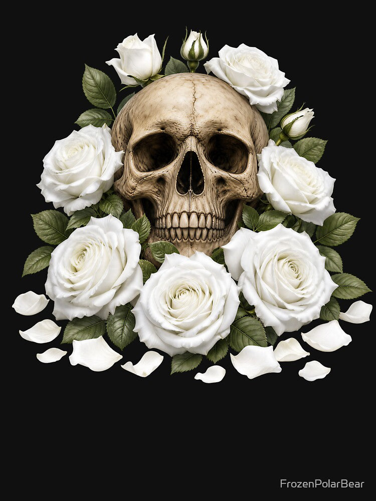 Ethereal Gothic Skull with White Roses by FrozenPolarBear
