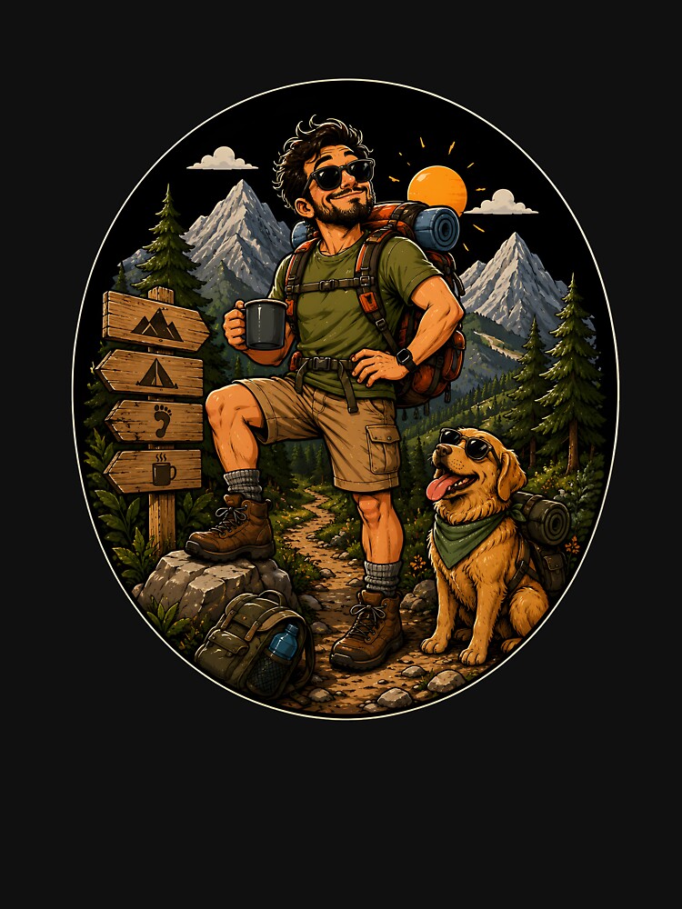 Hiking Dad Adventure Mountain Golden Retriever Outdoors by Tbenghali