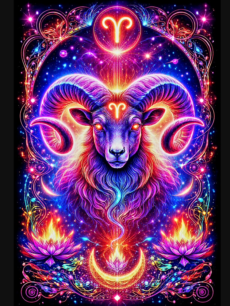 Aries Astrology Art - Powerful Cosmic Ram with Neon Horns and Stars by David Brookes Digital