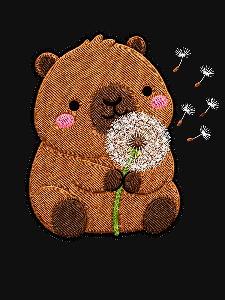 Kawaii Capybara Holding Dandelion - Cute Capybara Embroidery Patch by ColorSplash123