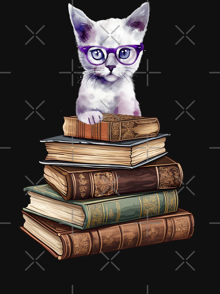 FUNNY CUTE INTELLECTUAL BOOK WORM WHITE CAT WITH PURPLE GLASSES by FlutteringWings