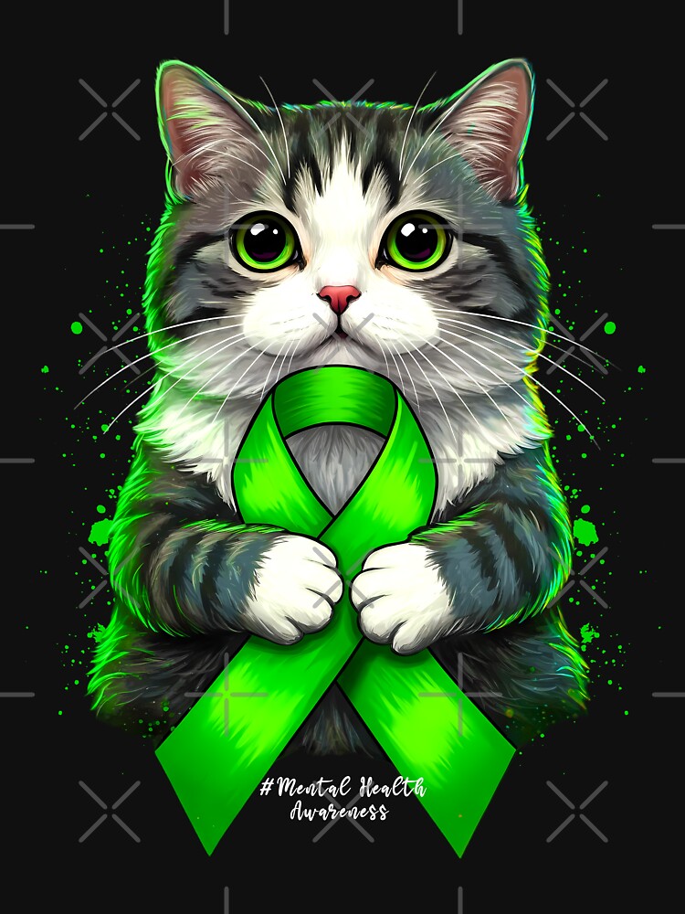 Mental Health Awareness Month Cat Green Ribbon Men Women Girls Gift For Mental Health Cat Lover by JUSTBEELEGANT