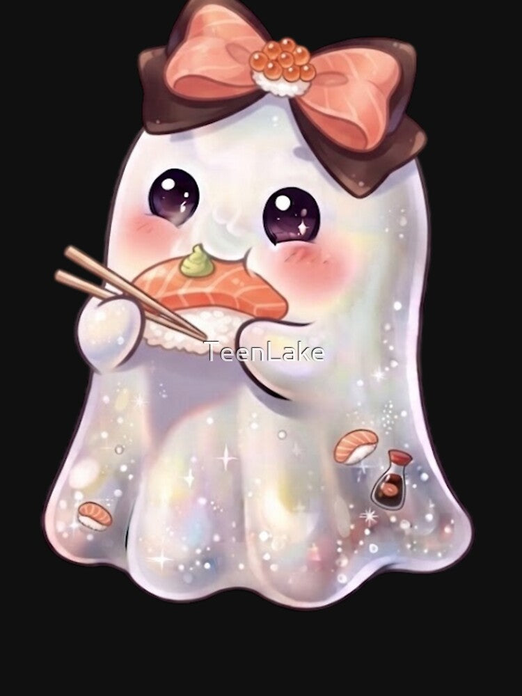 Cute Kawaii Ghost Eating a Sushi Design / Halloween / Korea / Ghosts / Foodie / Japanese / T-shirts mugs stickers phone case hardcover journal poster by TeenLake