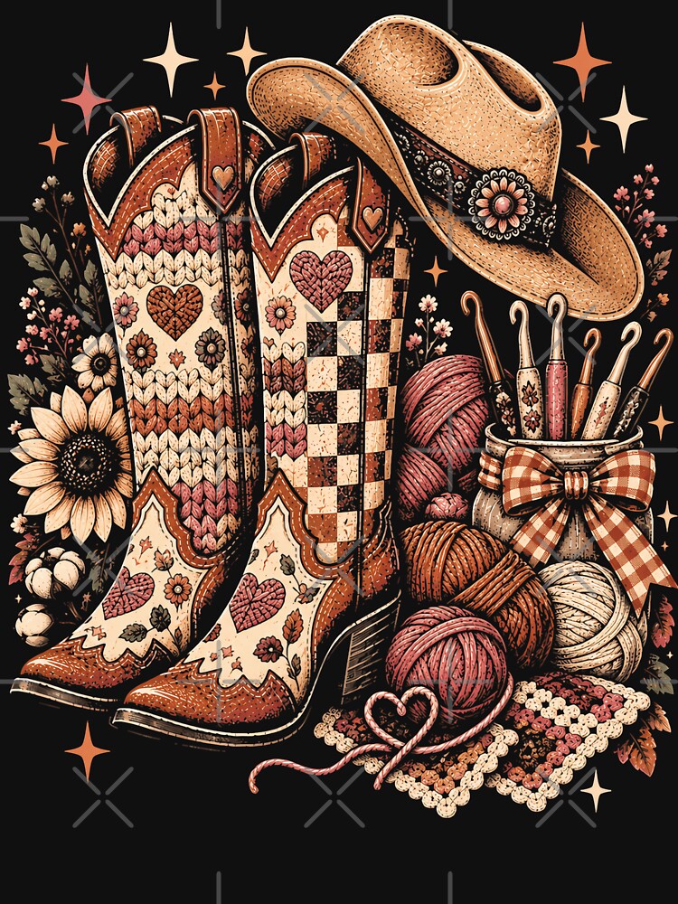 Cozy Western Knitting & Crochet Autumn Cowgirl Boots Vintage Craft Lover by ArcaneArtistry