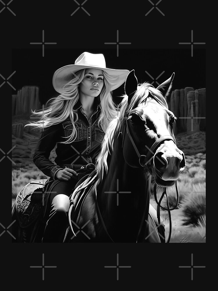 Cowgirl Riding a Horse – Black and White Western Portrait by inkoutninja