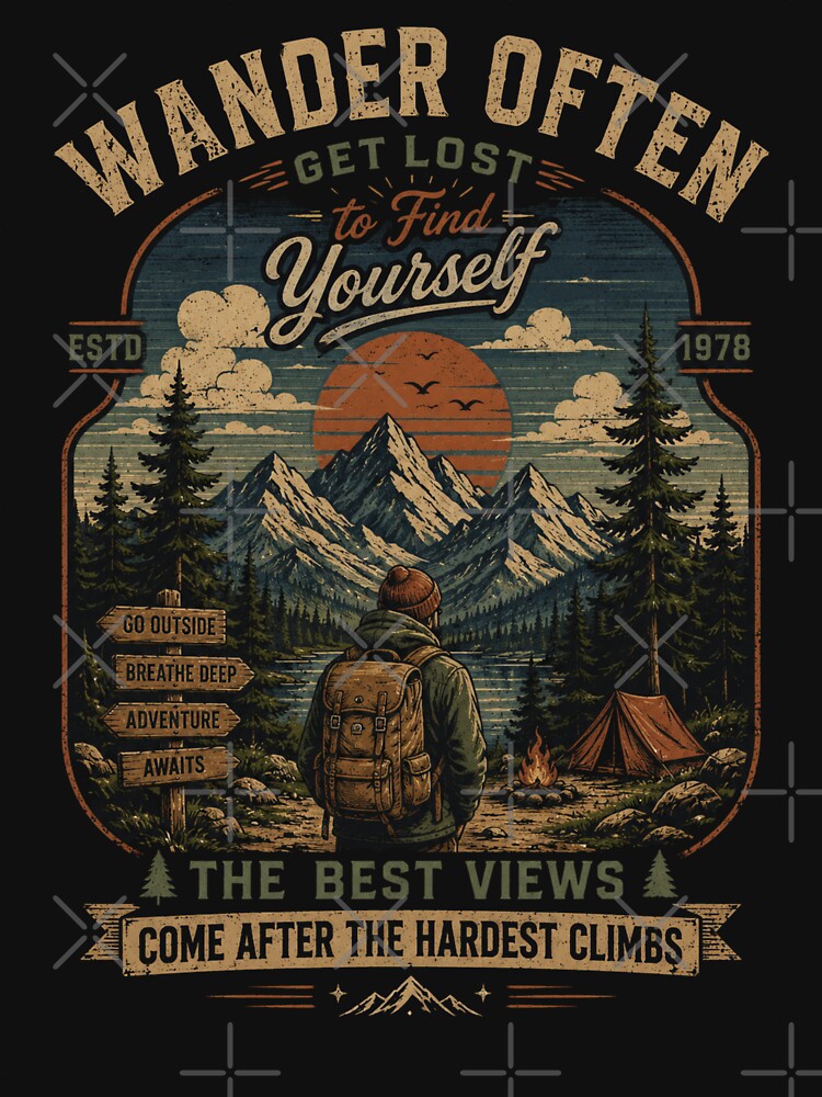 Wander Often Vintage Hiking Adventure Mountain Retro by Wilfred Collazo