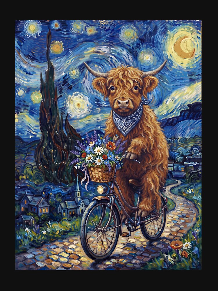 Highland Cow Biking Bike Starry Night Van Gogh Art Animal Lover by dian-rody-crest