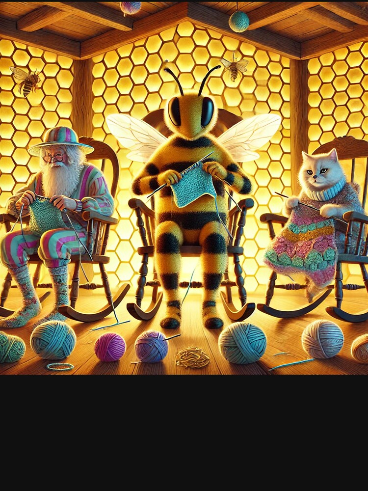 Beekeeper Grandpa, cat, and bee are knitting by DamioPolArt