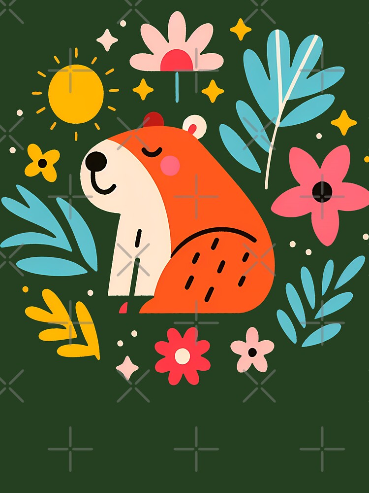 Cute Capybara with Flowers and Sun - Scandinavian Folk Art by heidiannemorris © by FOLK ART FUSION
