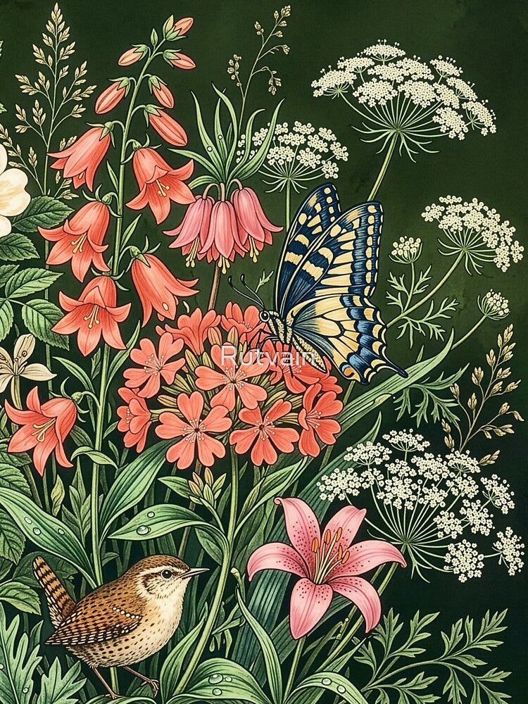Vintage Wildflower Garden with Bird and Butterfly by Rutvain